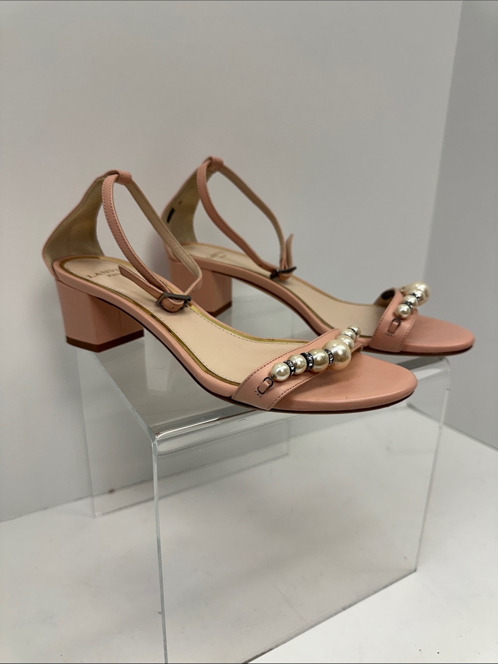 Lanvin Peach Pink Pearl-Trim Block Heel Sandals